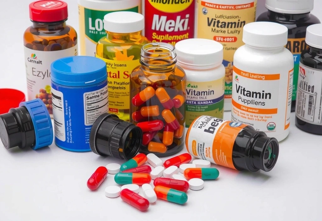 Suplementy witaminowe i pigułki, symbolizujące ryzyko nadmiernej suplementacji