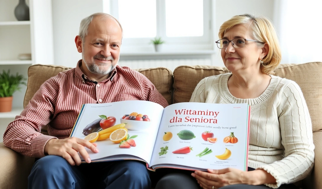 Seniorzy przeglądający książkę o witaminach