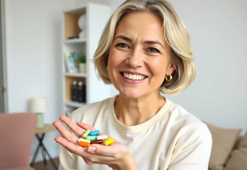Starsza kobieta uśmiechająca się, trzymająca w dłoniach różne kolorowe tabletki witaminowe